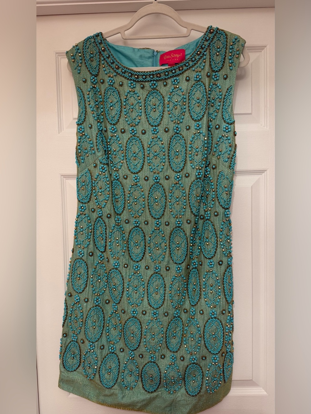 EUC RARE HTF Lilly Pulitzer Jubilee Beaded Aqua Shift Dress. Size 12